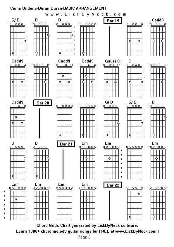 Chord Grids Chart of chord melody fingerstyle guitar song-Come Undone-Duran Duran-BASIC ARRANGEMENT,generated by LickByNeck software.